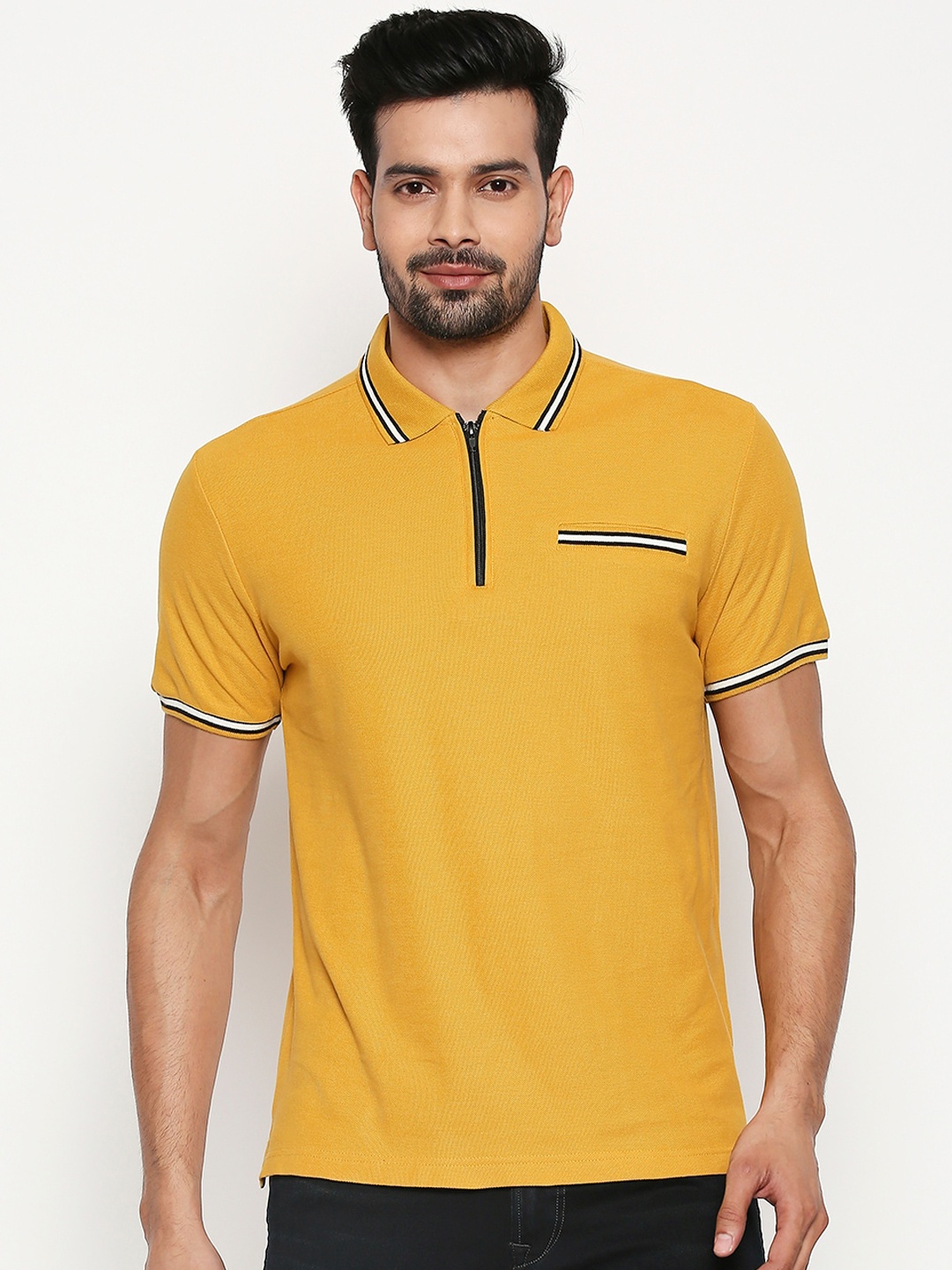 

People Men Mustard Yellow Solid Polo Collar Pure Cotton T-shirt