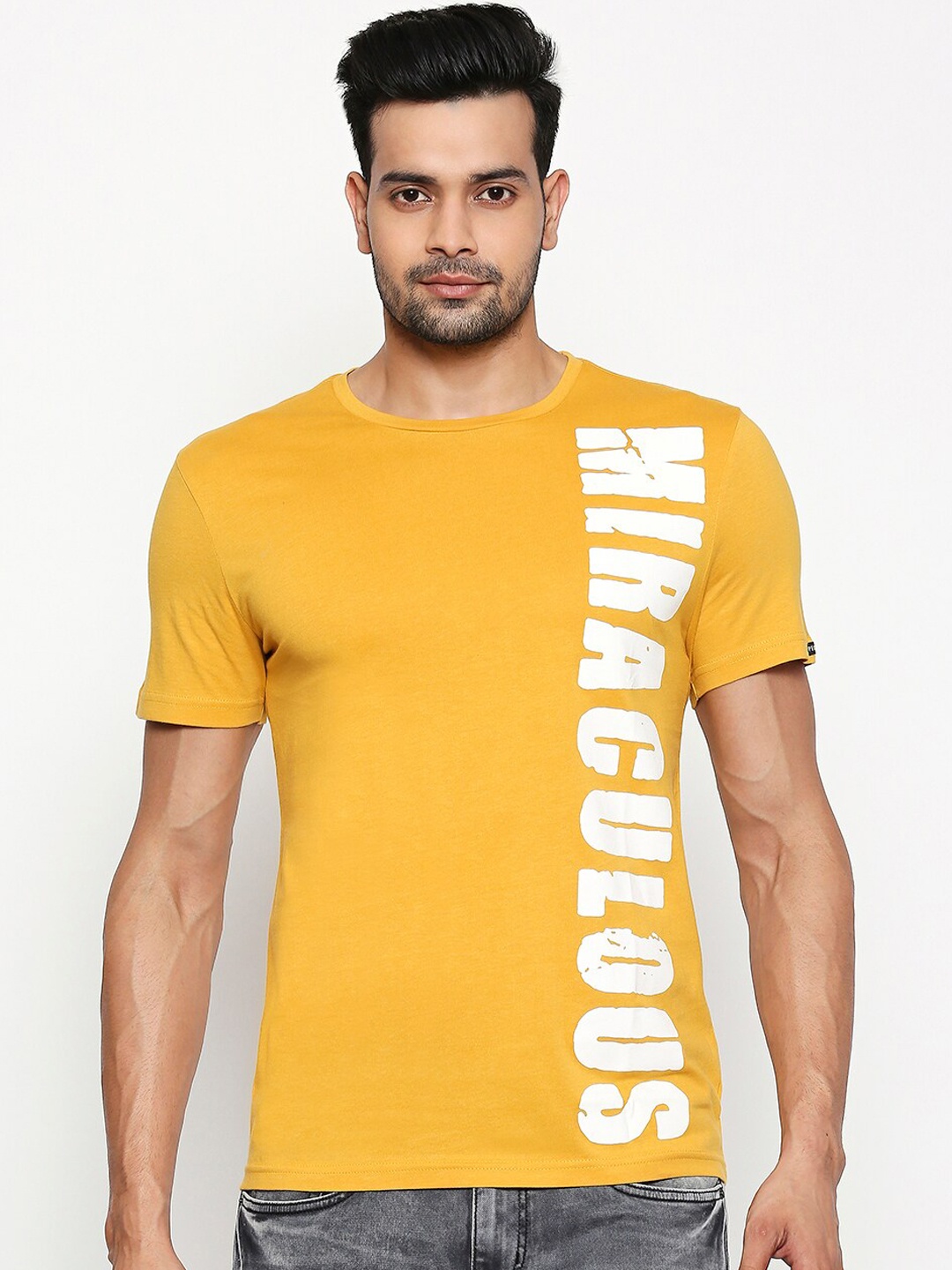 People Men Yellow Printed Round Neck T-shirt
