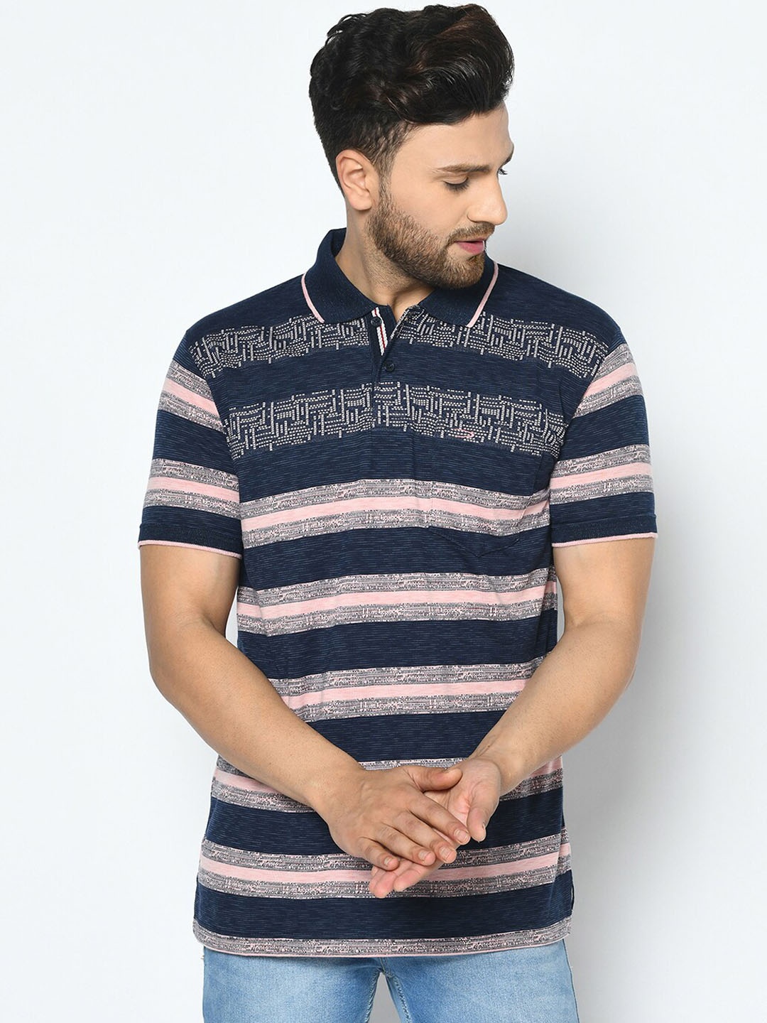 

Duke Men Blue Striped Polo Collar T-shirt