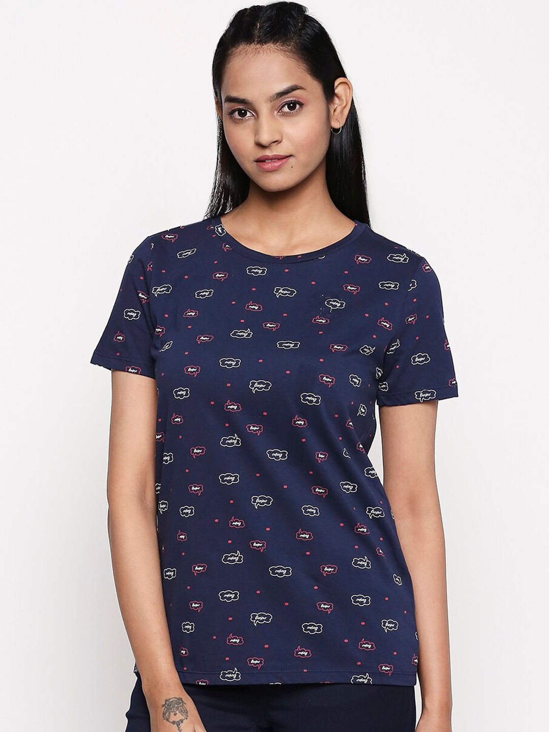 

Honey by Pantaloons Women Navy Blue Printed Round Neck T-shirt