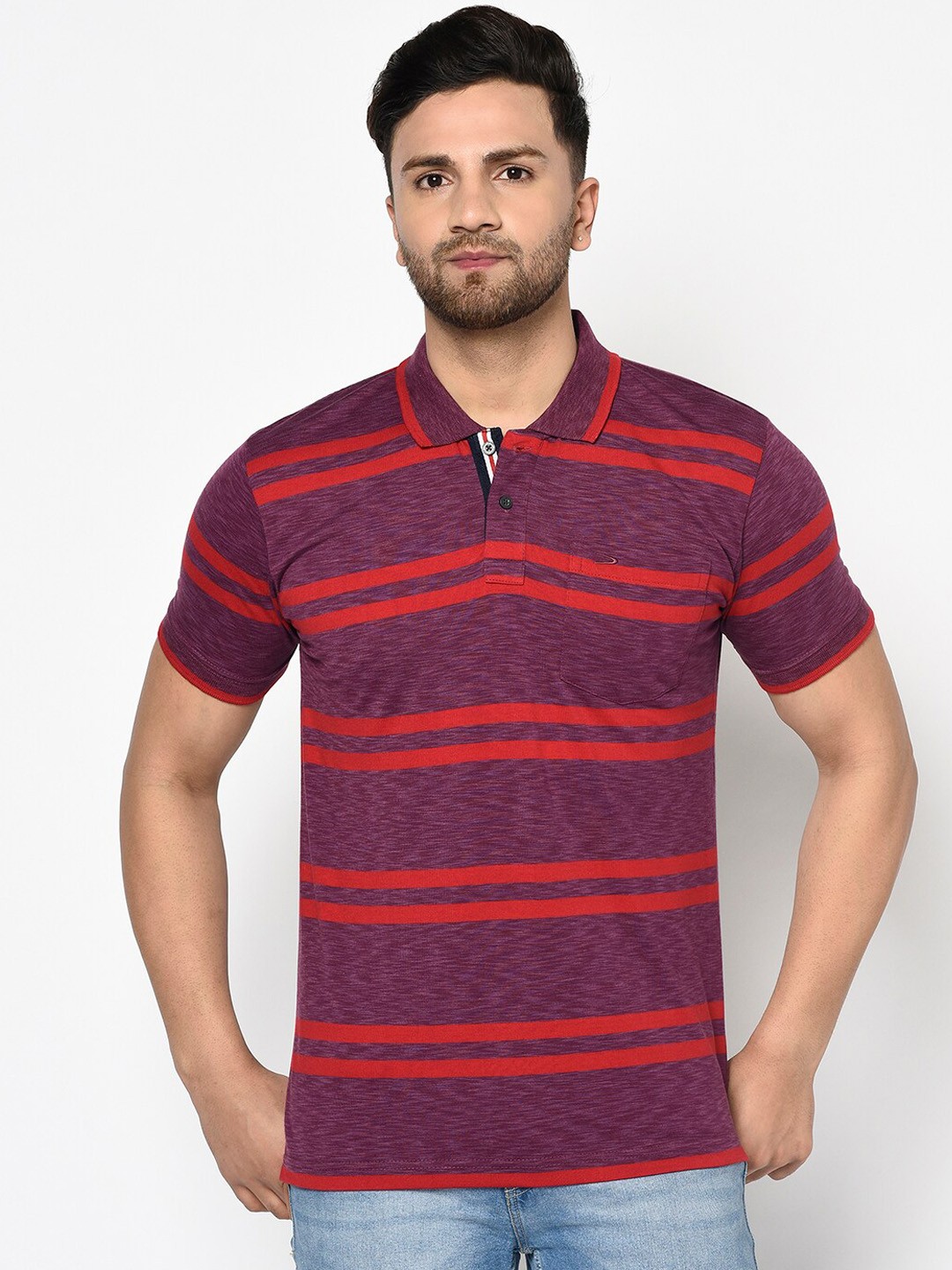 

Duke Men Purple Striped Polo Collar T-shirt