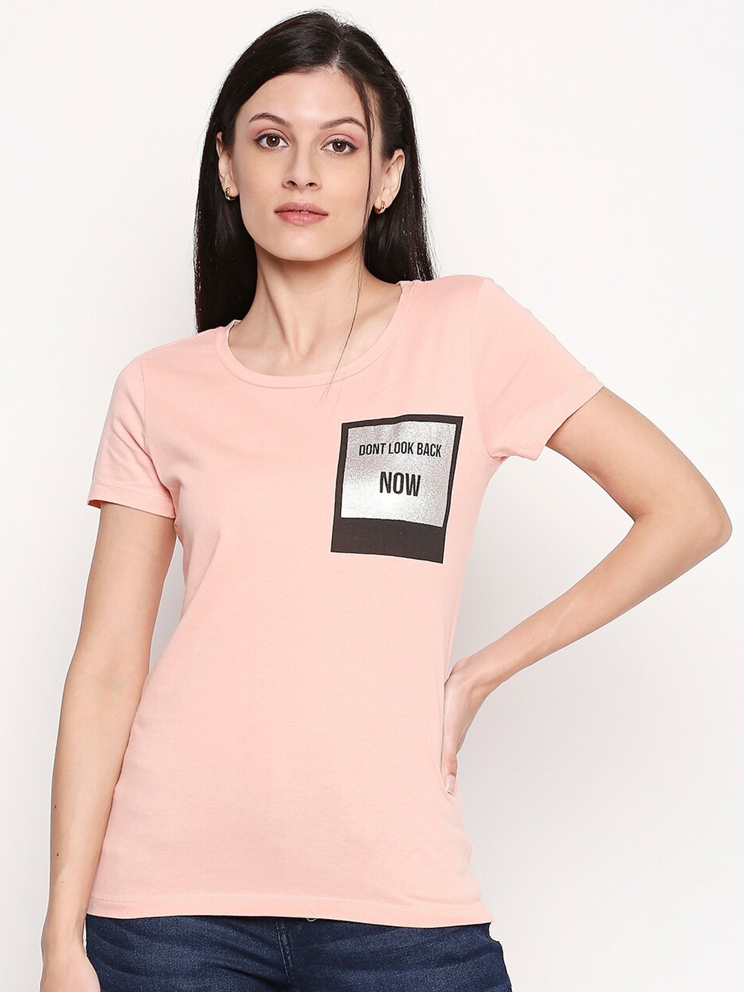 

Honey by Pantaloons Women Peach-Coloured Solid Round Neck T-shirt