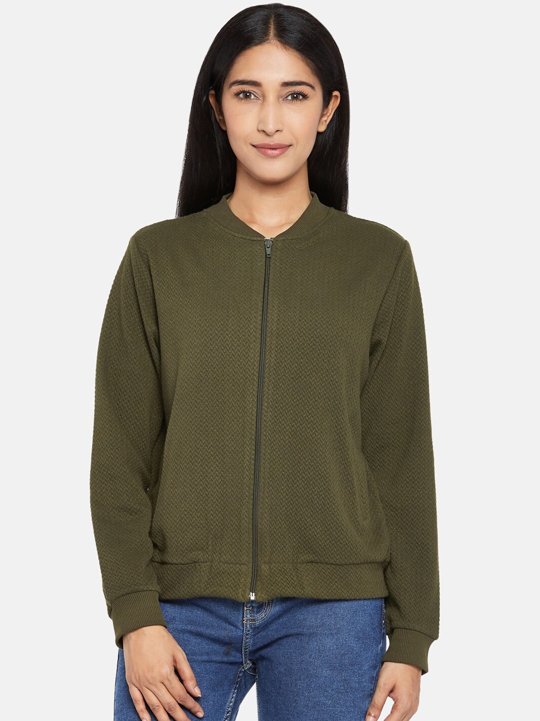 

Honey by Pantaloons Women Olive Green Self Design Bomber