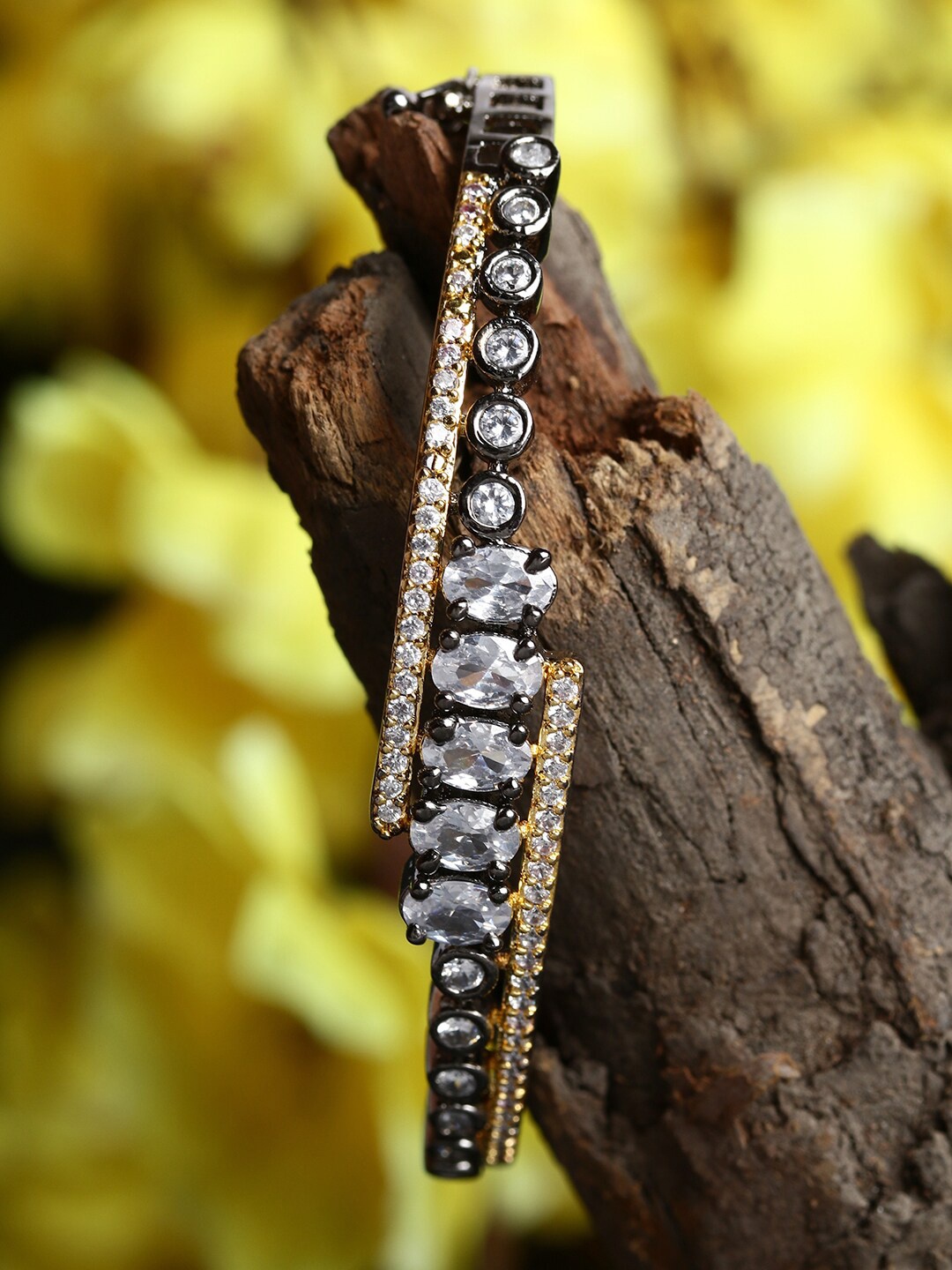 

ANIKAS CREATION Rhodium-Plated Metallic-Toned & White AD-Studded Bangle-Style Bracelet