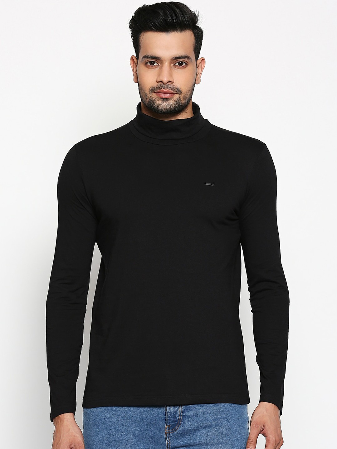 

People Men Black Solid Turtle Neck T-shirt