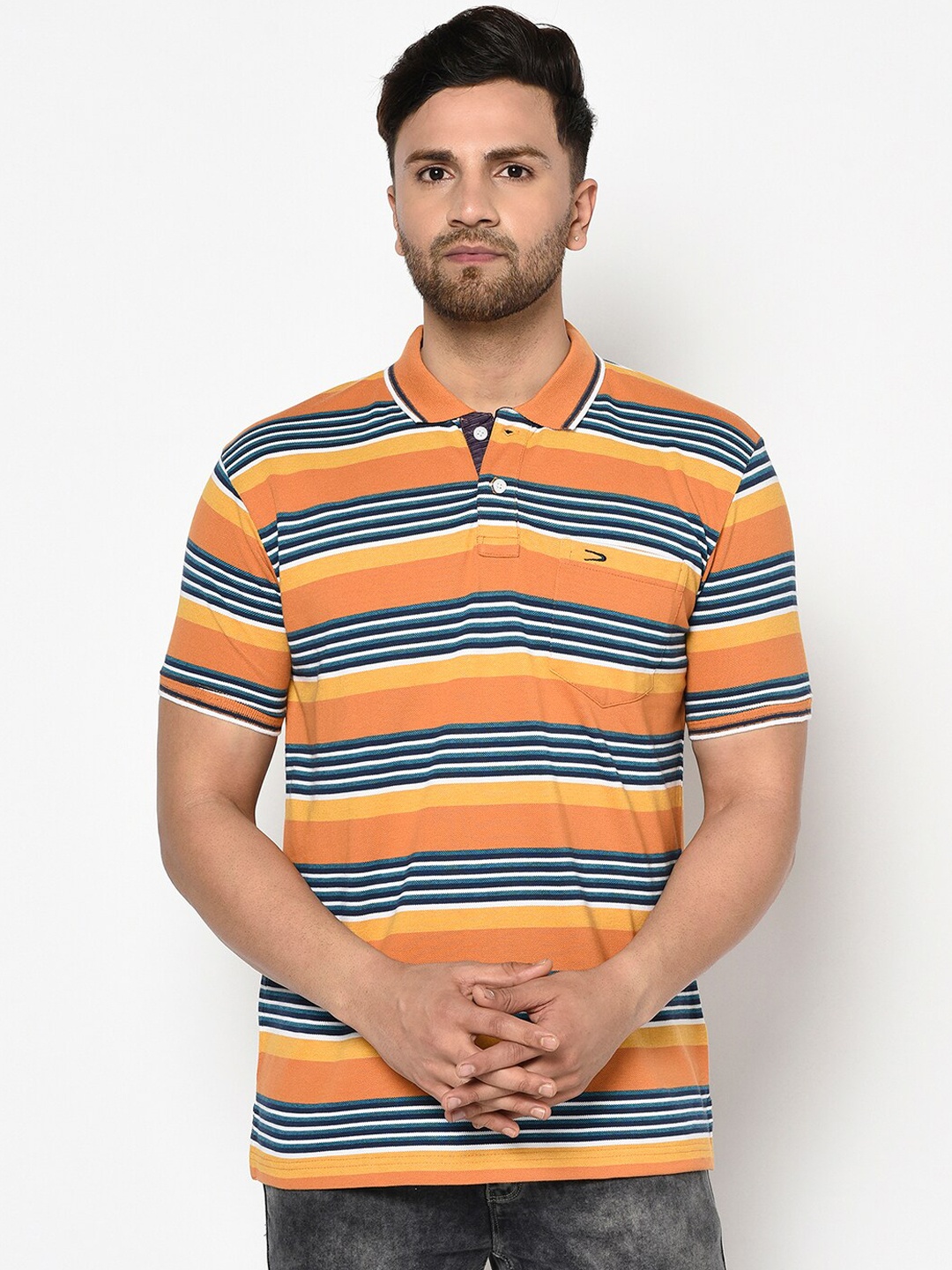 

Duke Men Yellow Striped Polo Collar T-shirt