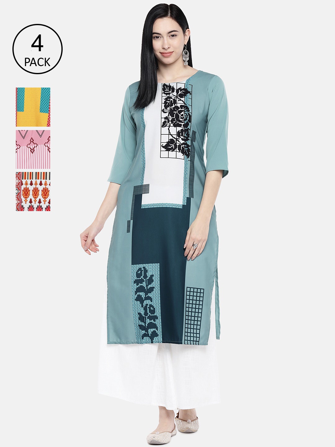 

7Threads Women Pack of 4 Multicoloured Printed Straight Kurtas, Multi