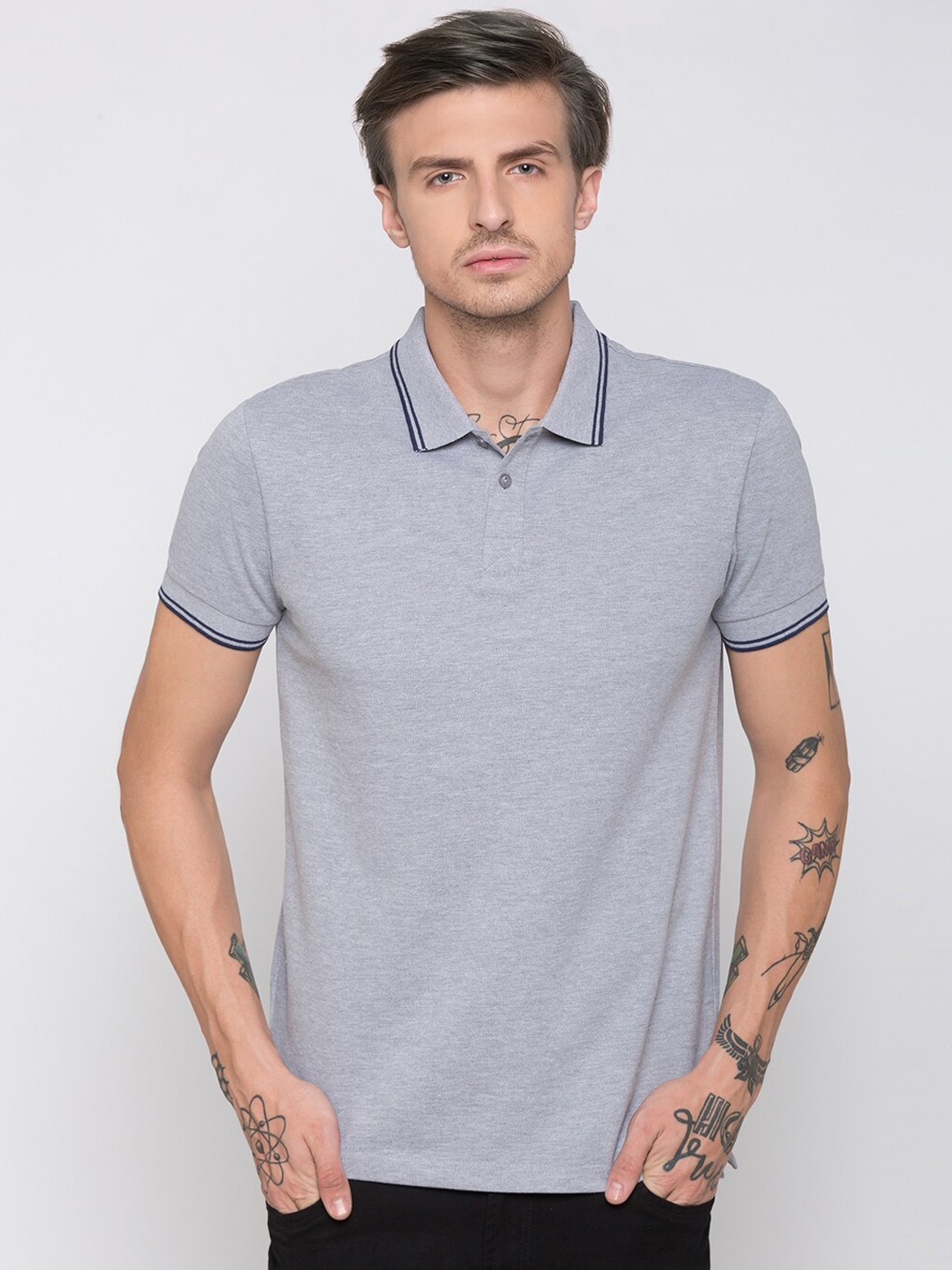 

Globus Men Grey Melange Solid Polo Collar T-shirt