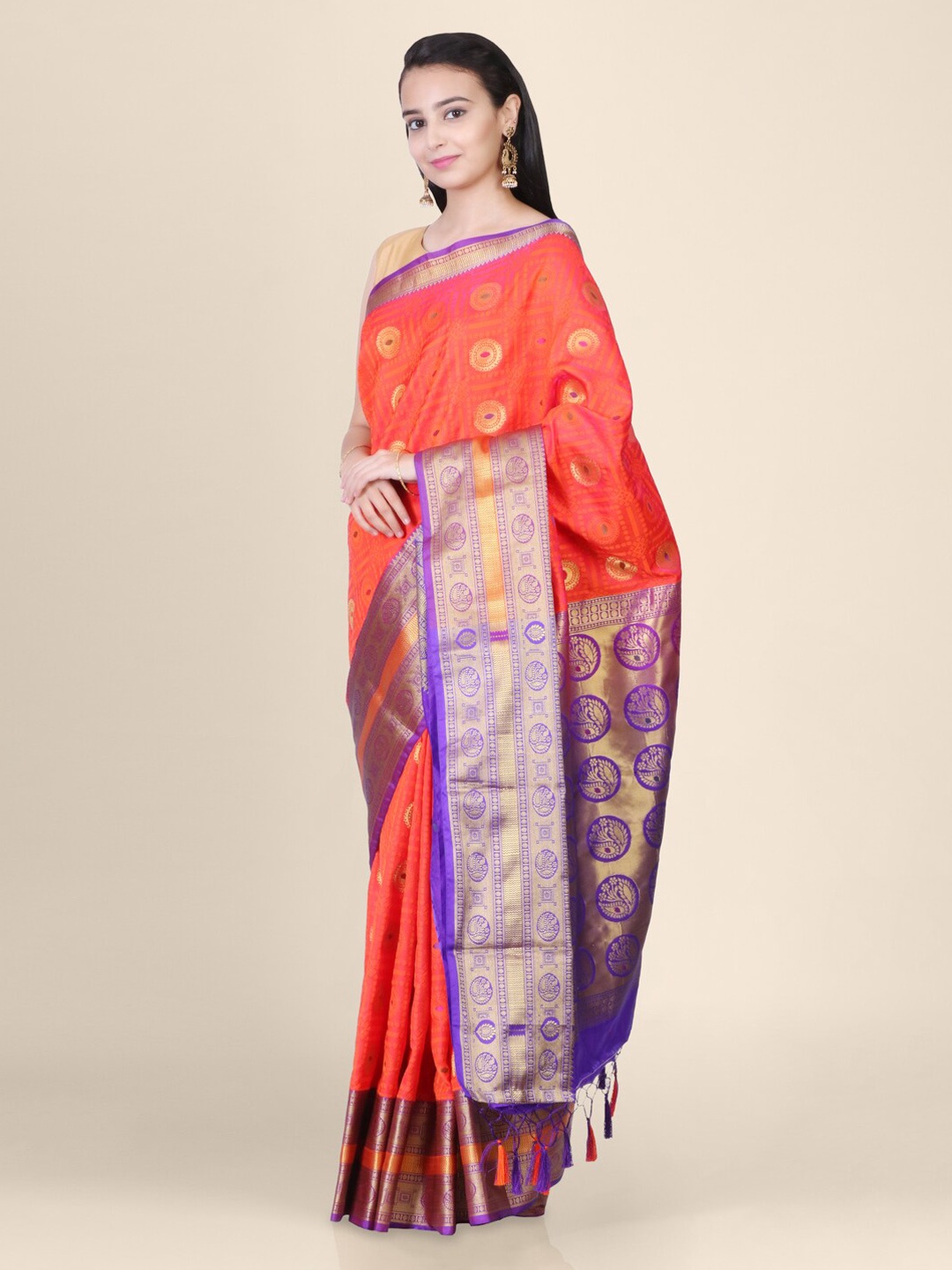 

Hastakala Orange & Purple Silk Blend Printed Banarasi Saree