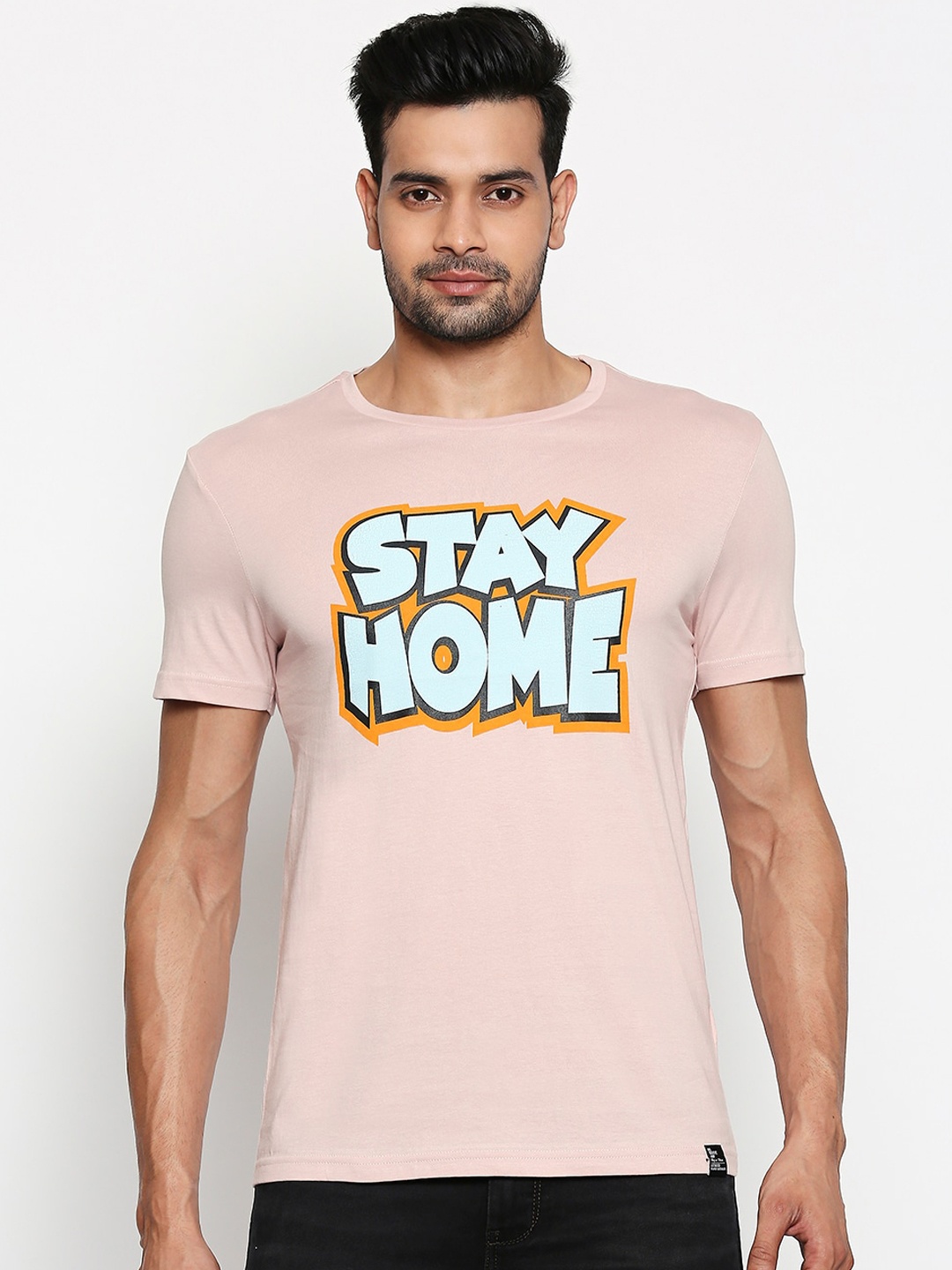 

People Men Pink Printed Round Neck Pure Cotton T-shirt