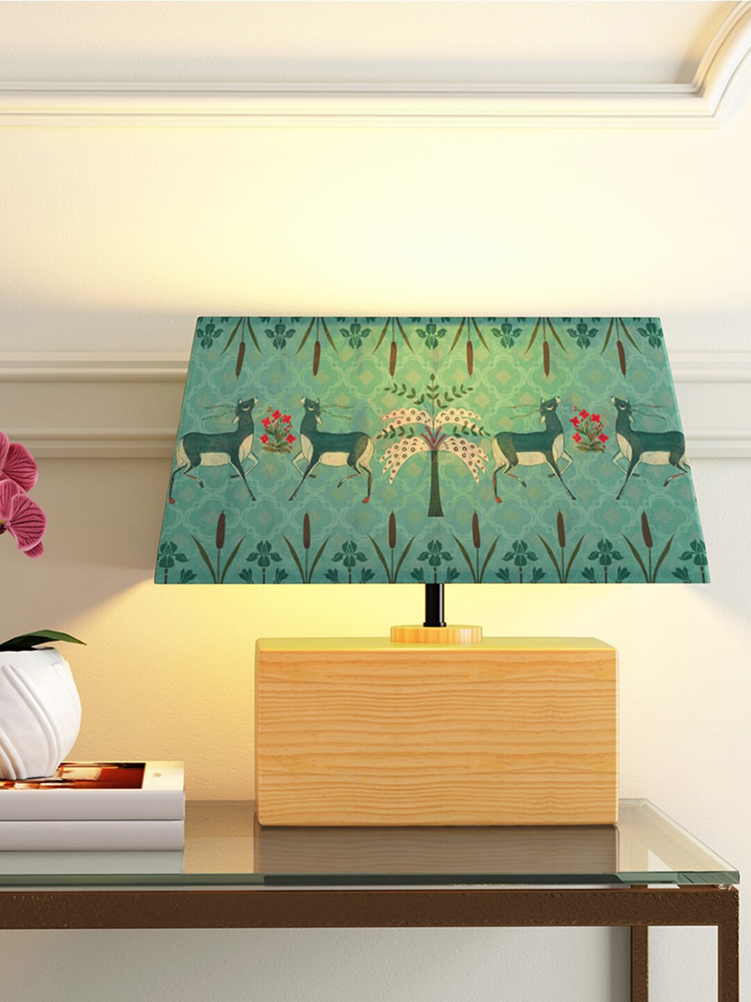 

India Circus by Krsnaa Mehta Green & White Printed Mirroring Deer Garden Rectangular Lamp