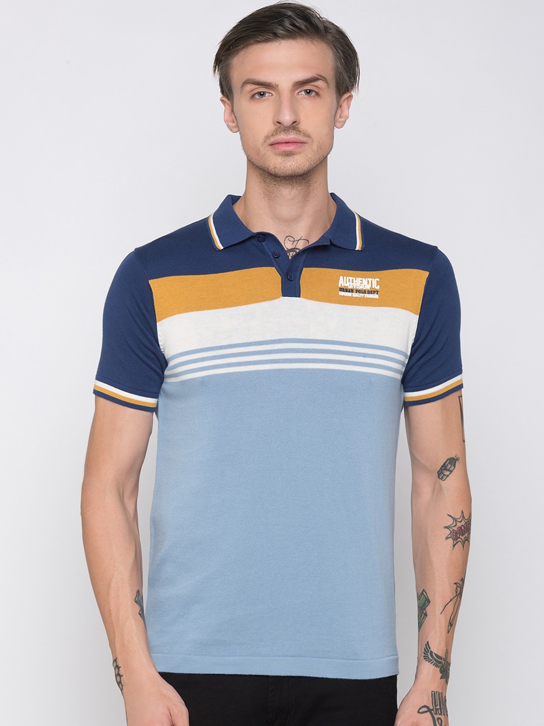 

Globus Men Blue Colourblocked Polo Collar T-shirt