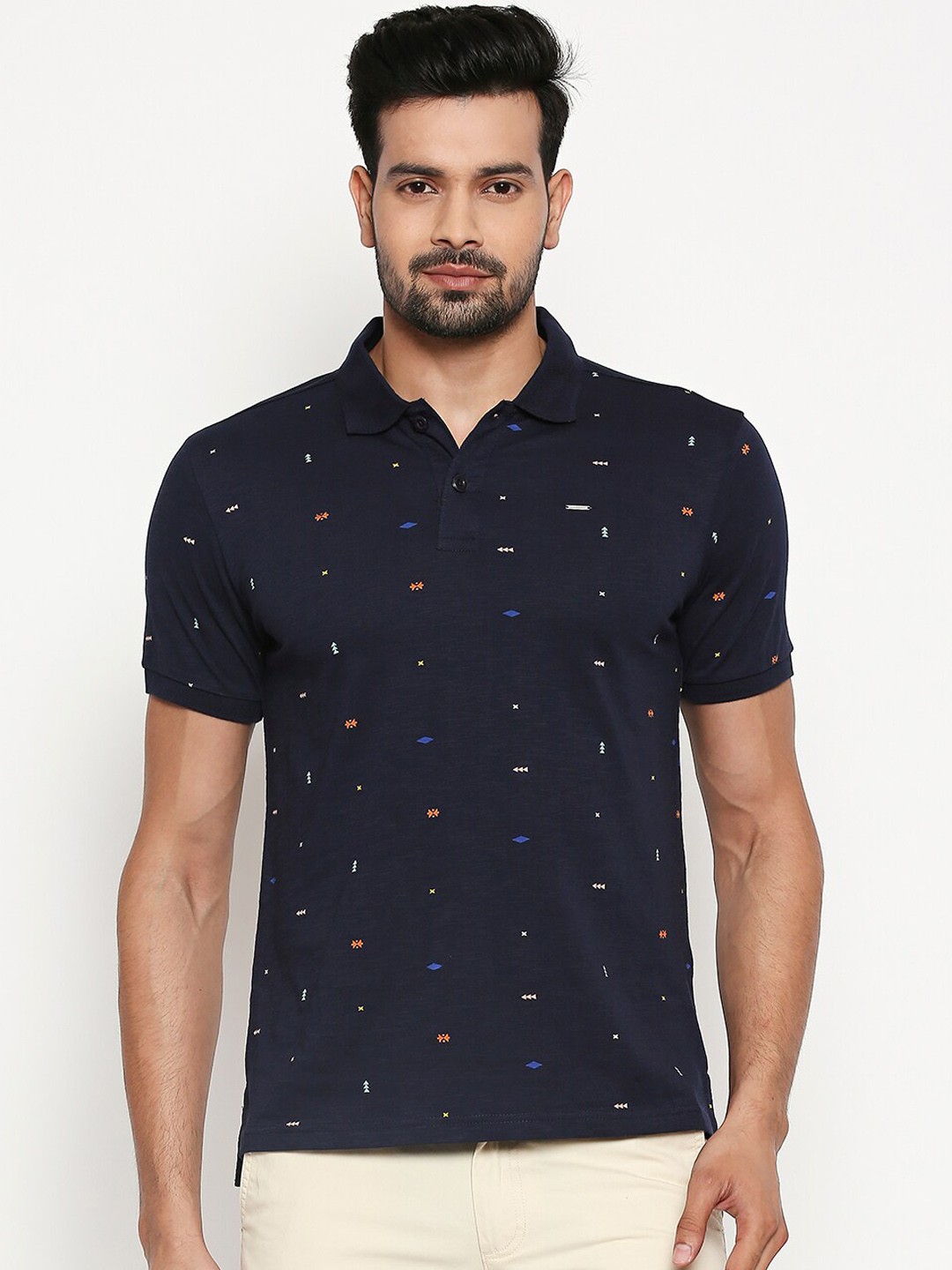 

People Men Navy Blue Printed Polo Collar Pure Cotton T-shirt
