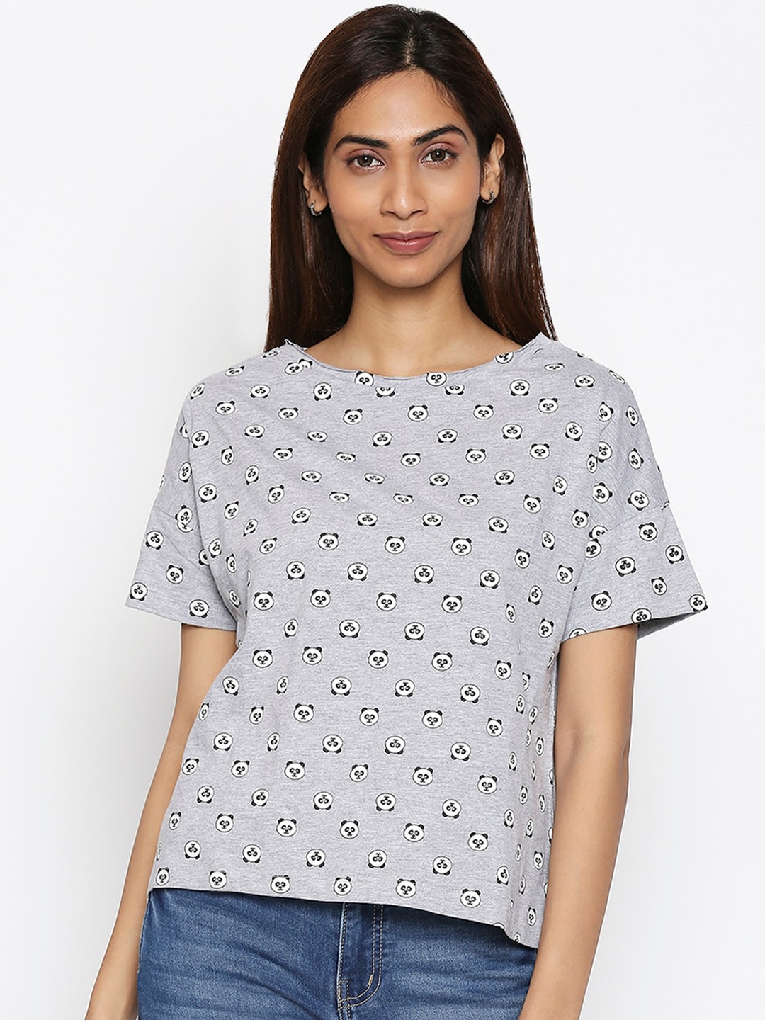 

People Women Grey Printed Round Neck T-shirt