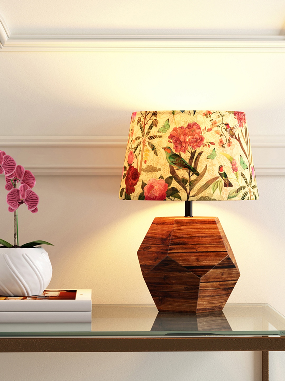 

India Circus by Krsnaa Mehta Beige & Red Bird Printed Hexagonal Table Lamp