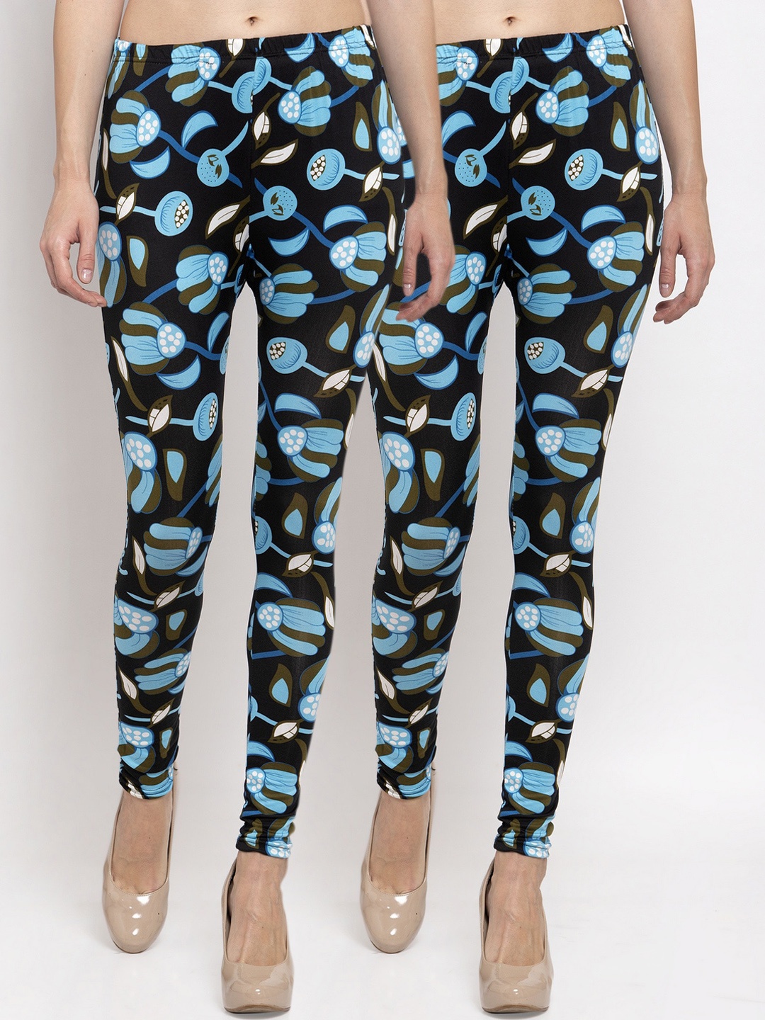 

KLOTTHE Women Pack of 2 Black & Blue Printed Ankle-Length Leggings