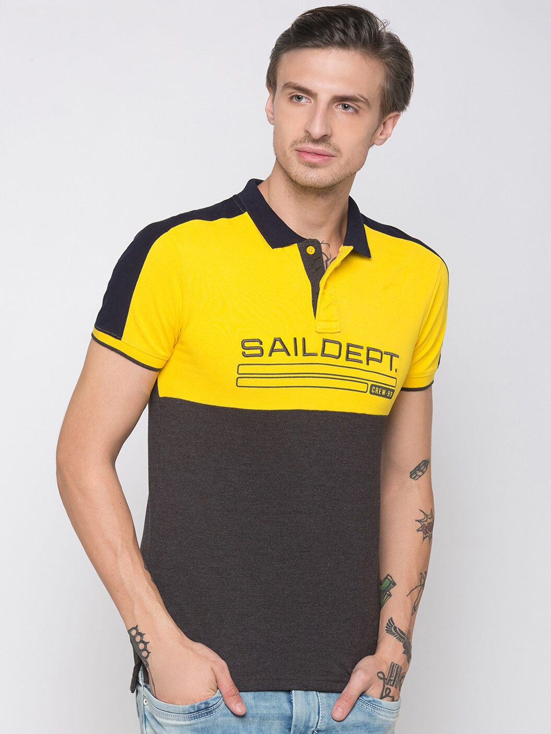 

Globus Men Mustard Colourblocked Polo Collar T-shirt