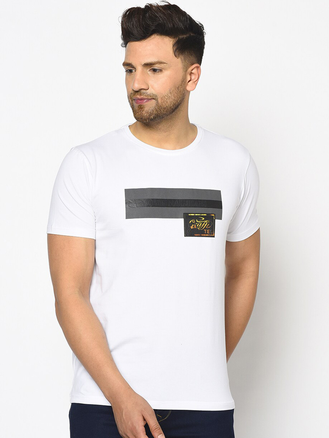 

Duke Men White Printed Round Neck T-shirt