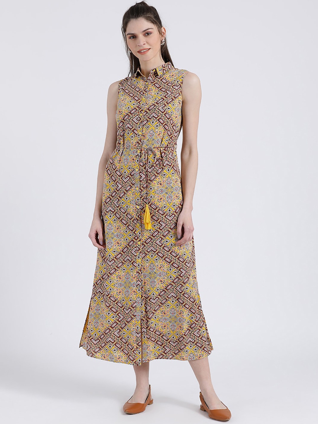 

Zink London Women Yellow & Brown Printed Maxi Dress