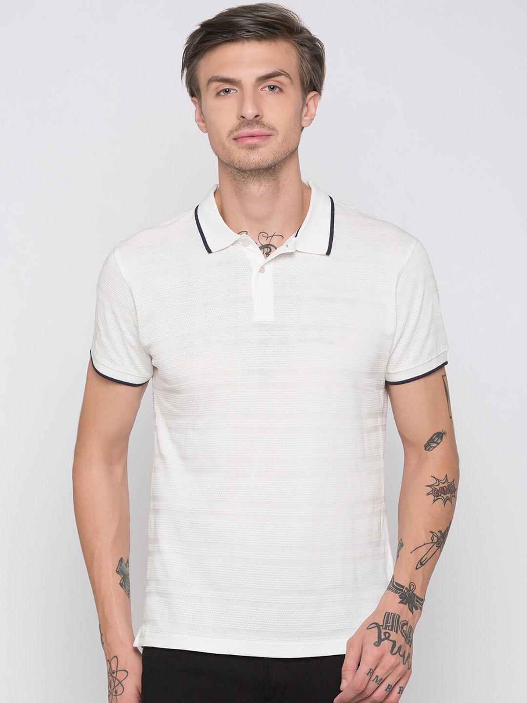 

Globus Men Off-White Striped Polo Collar T-shirt