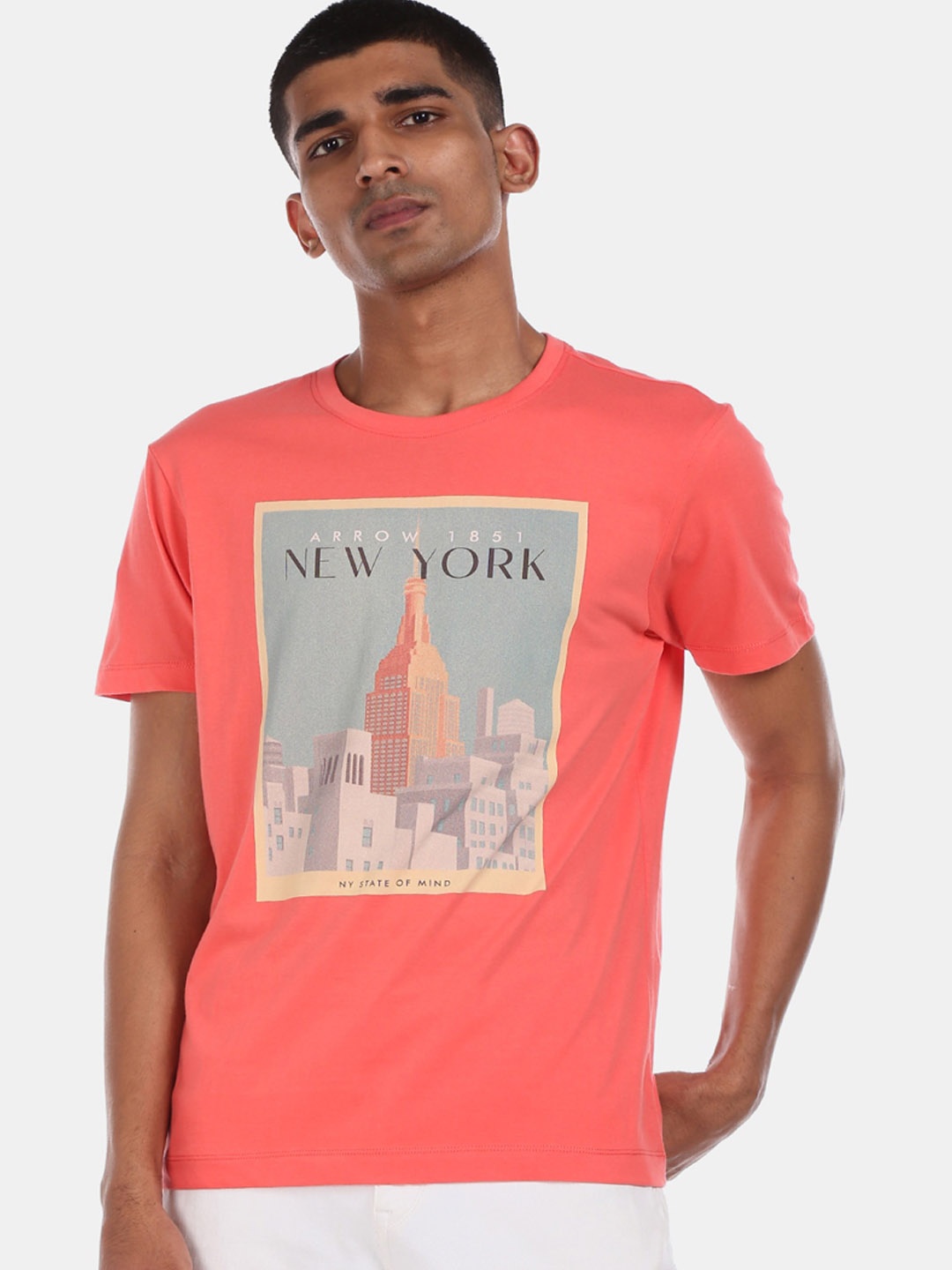 

Arrow Sport Men Orange Printed Round Neck Pure Cotton T-shirt