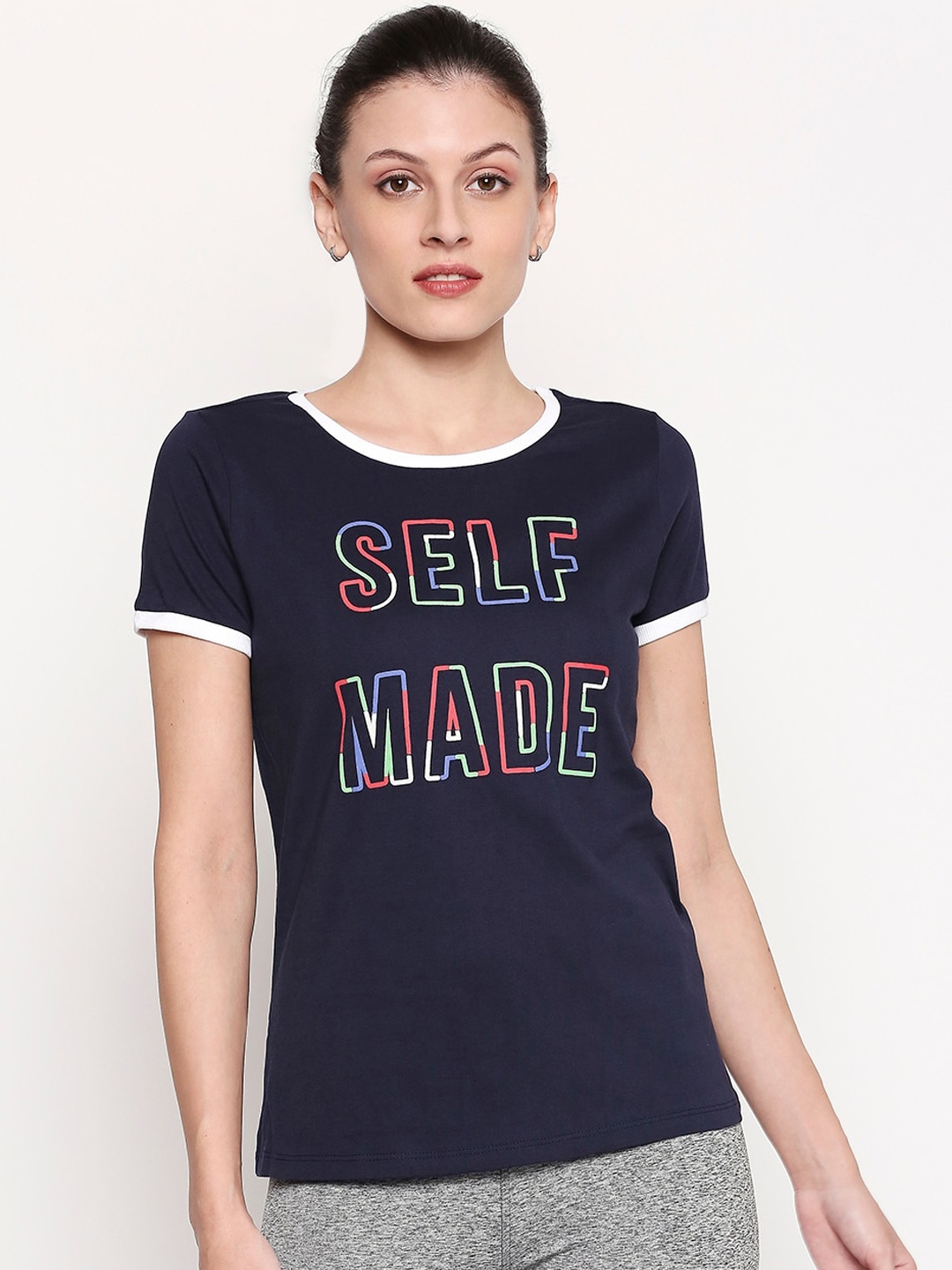 

Ajile by Pantaloons Women Navy Blue Printed Round Neck T-shirt
