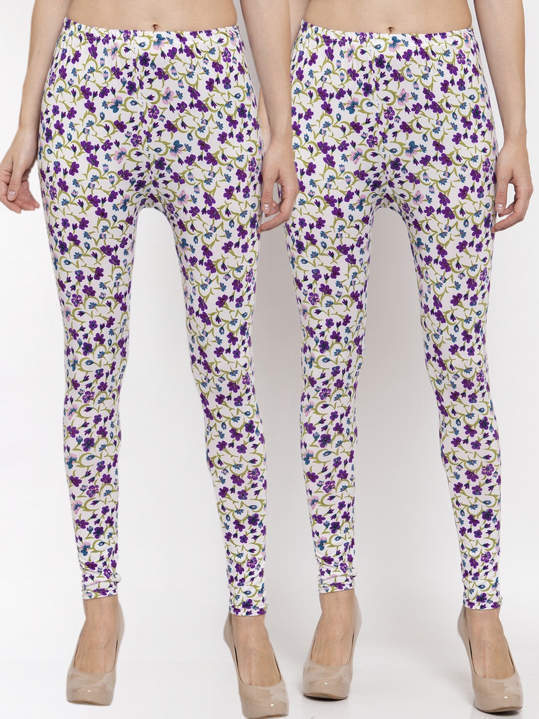 

KLOTTHE Women Pack of 2 White & Purple Printed Ankle-Length Leggings