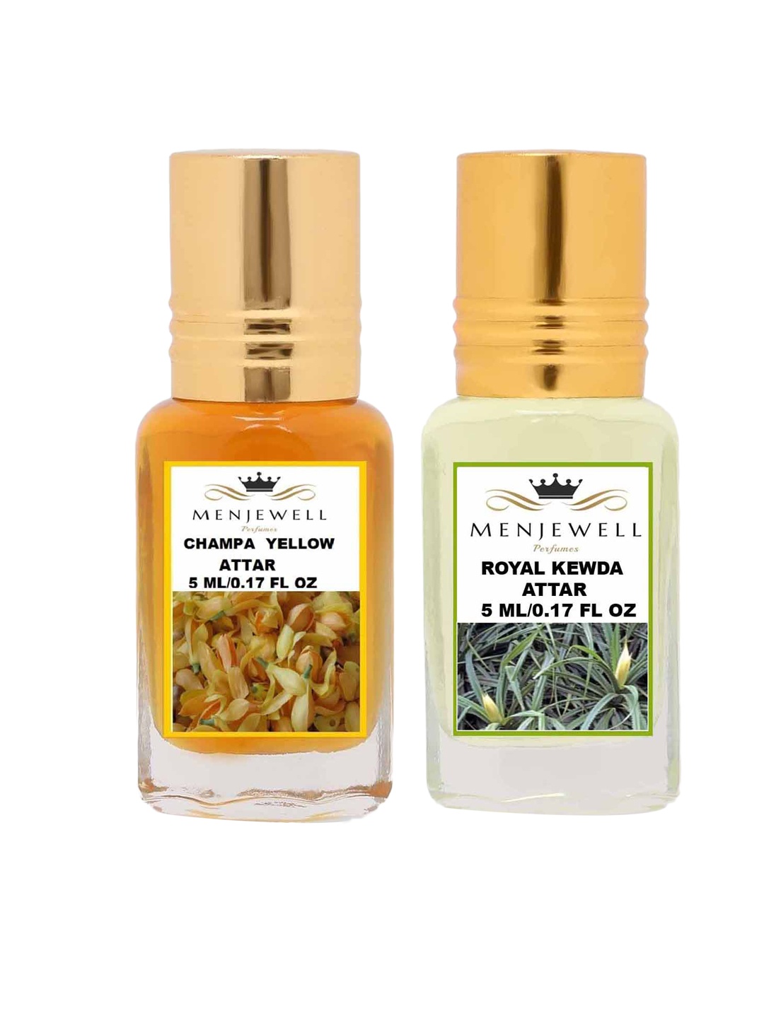 

Menjewell Champa & Royal Kewda Attar Perfume Each 5ml, Transparent