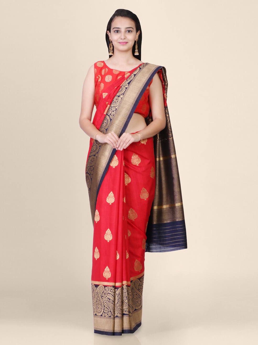 

Hastakala Red Silk Blend Woven Design Banarasi Saree