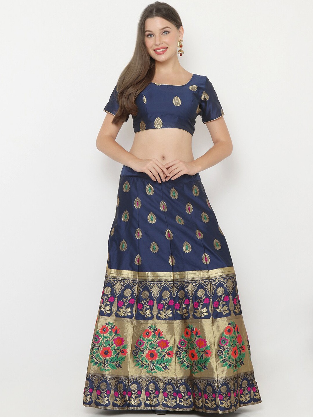 

SALWAR STUDIO Women Navy Blue & Gold Coloured Woven Design Semi Stitched Lehenga with Unstitched Choli