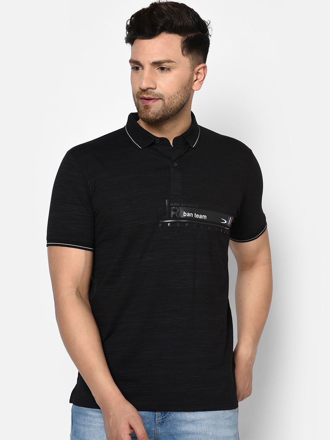 

Duke Men Black Solid Polo Collar T-shirt