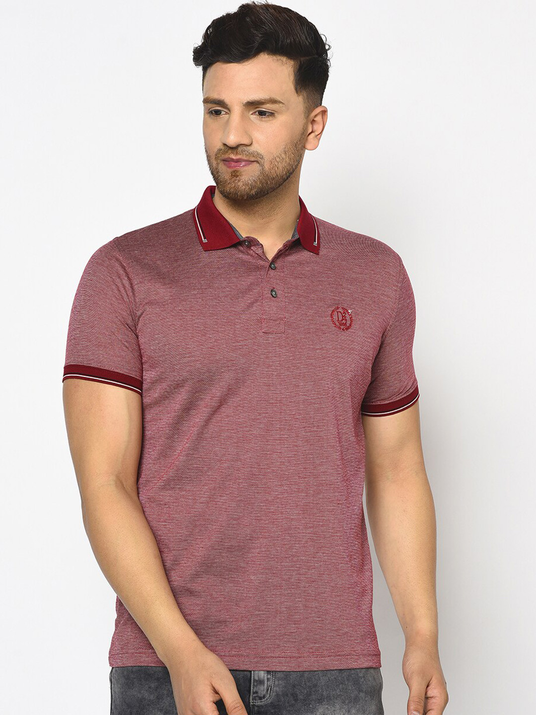 

Duke Men Red Self Design Polo Collar T-shirt