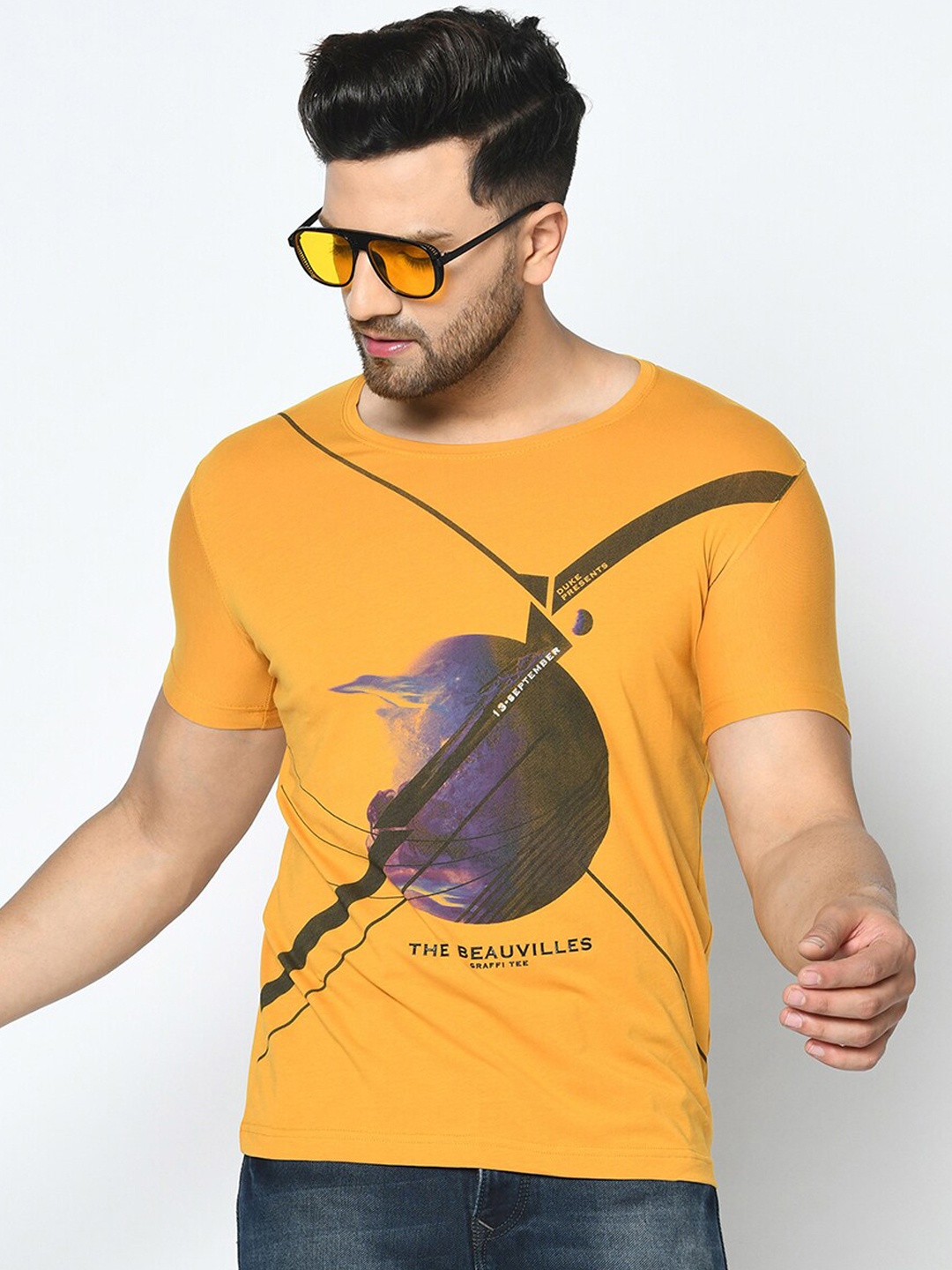 

Duke Men Yellow Printed Round Neck T-shirt