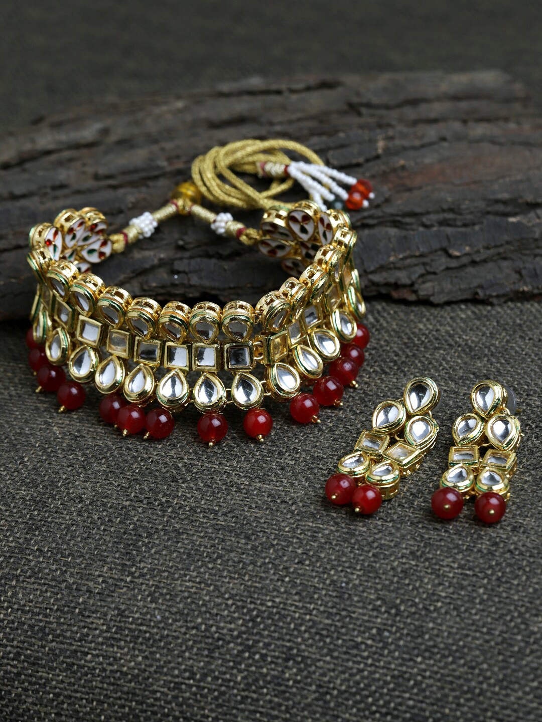 

Fabstreet Gold-Plated Red & White Kundan-Studded Beaded Jewellery Set