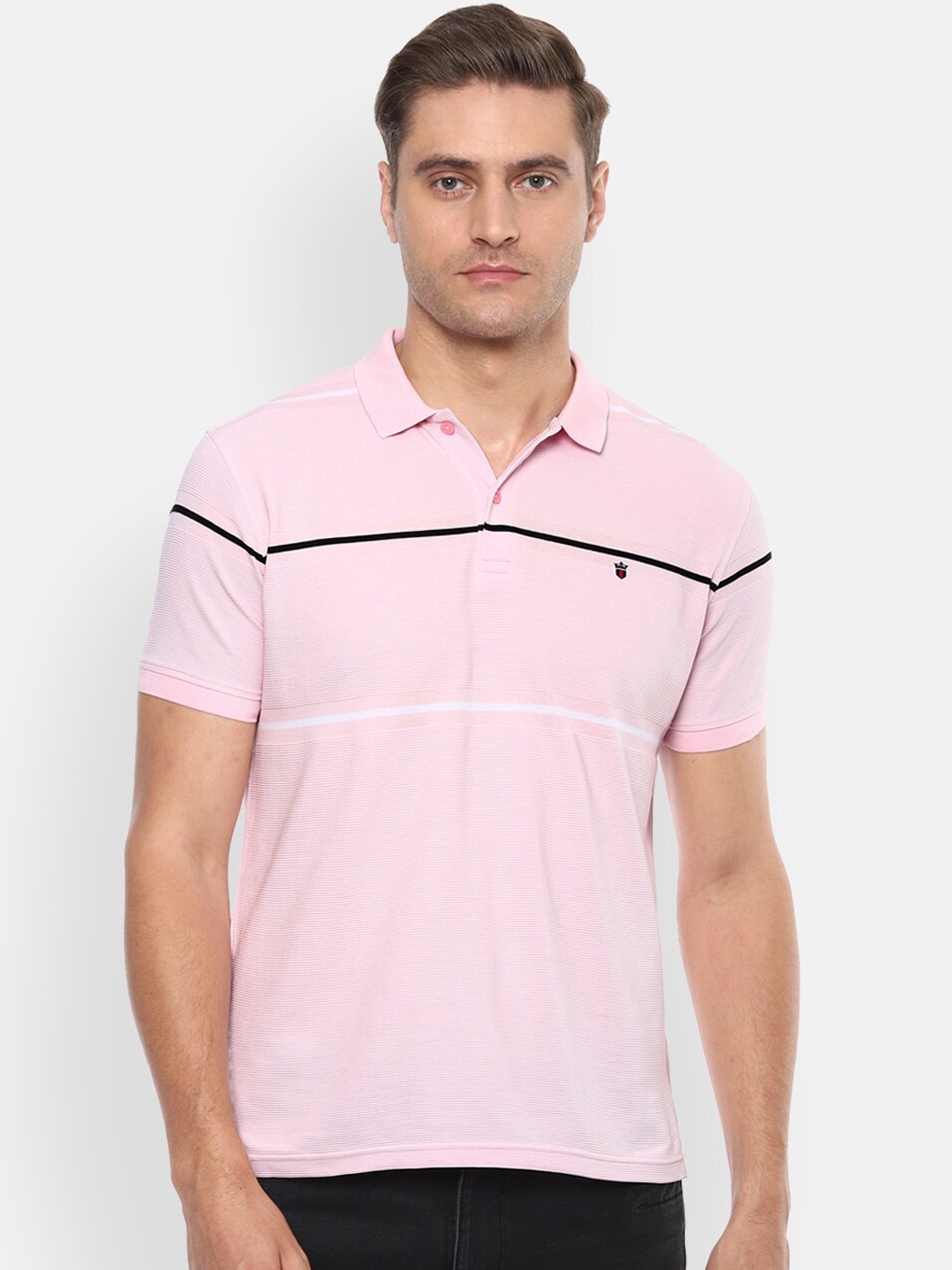 

Louis Philippe Sport Men Pink Striped Polo Collar Pure Cotton T-shirt