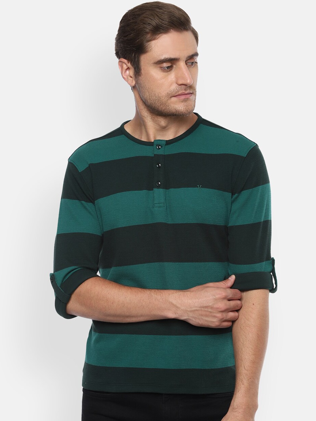 

V Dot Men Green Striped Henley Neck Pure Cotton T-shirt