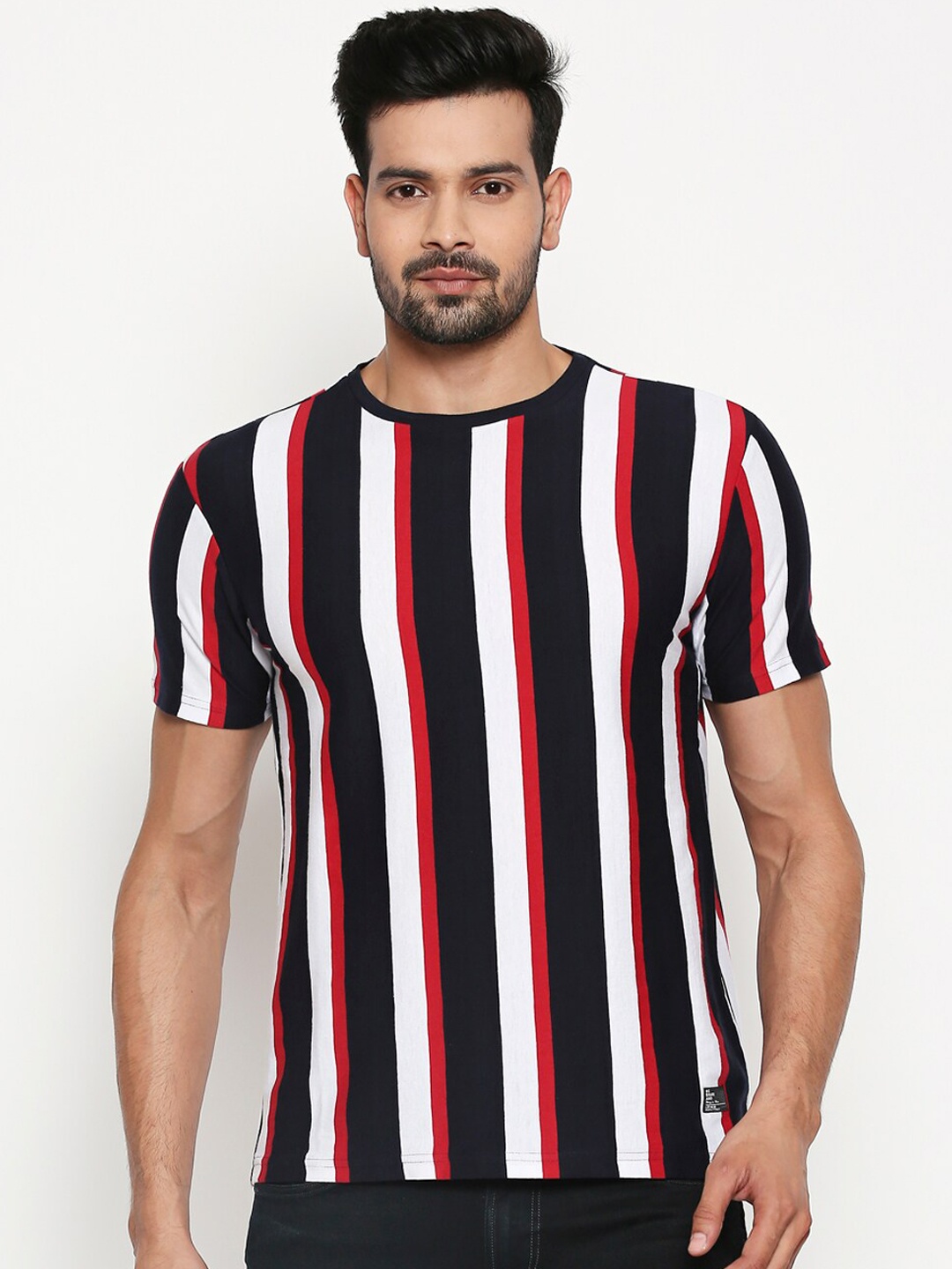 

People Men Navy Blue Striped Round Neck Pure Cotton T-shirt