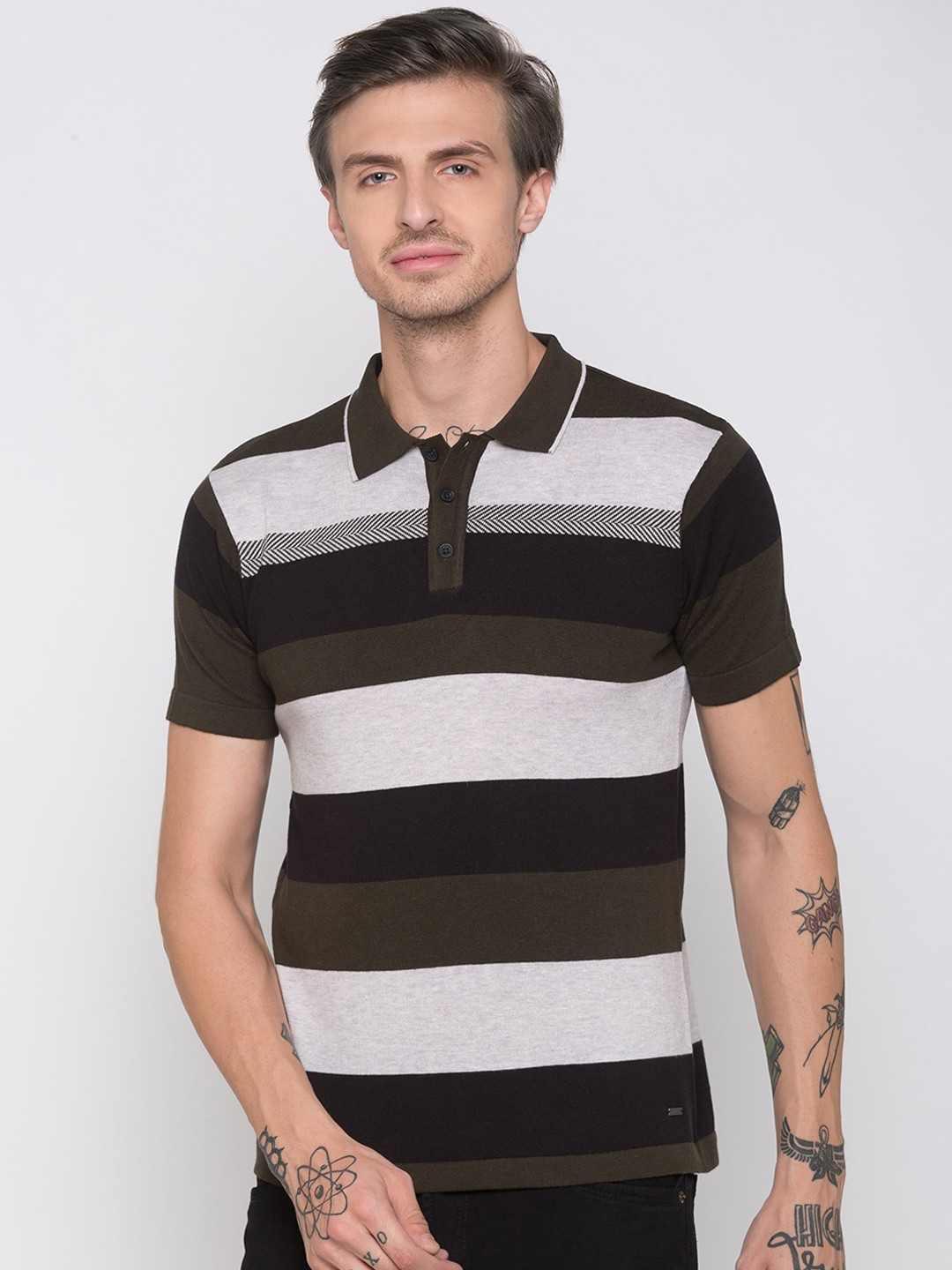 

Globus Men Olive Green Striped Polo Collar T-shirt