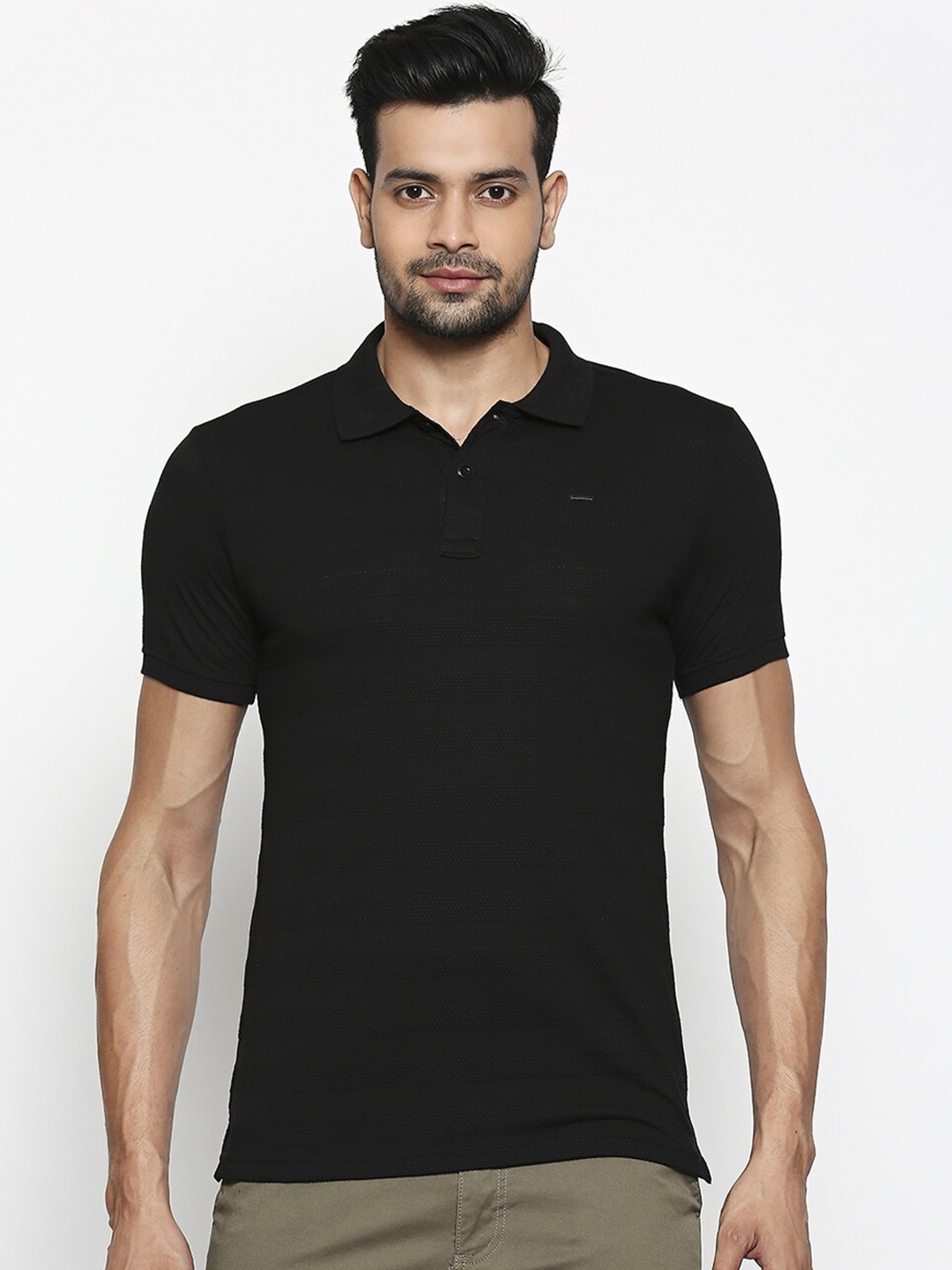

People Men Black Self Design Polo Collar T-shirt