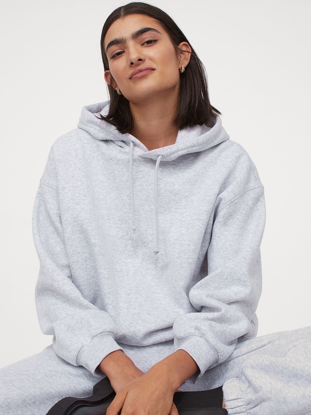 

H&M Women Grey Melange Cotton-Blend Hoodie