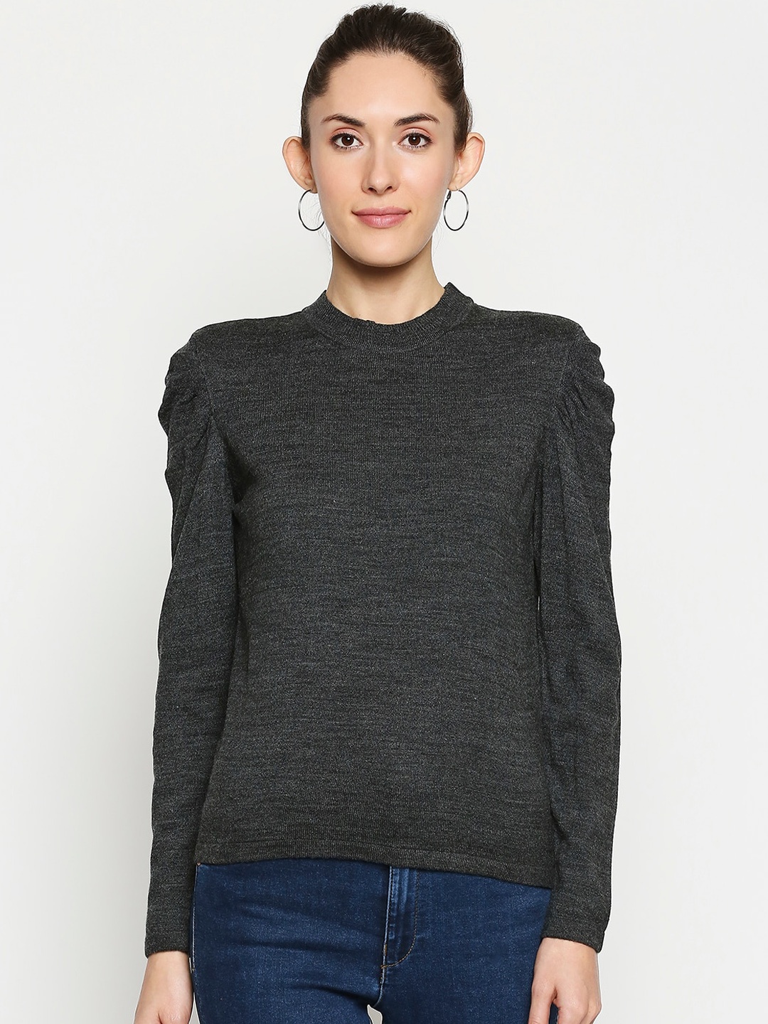 

Annabelle by Pantaloons Women Grey Mlange Solid Pullover Sweater, Grey melange