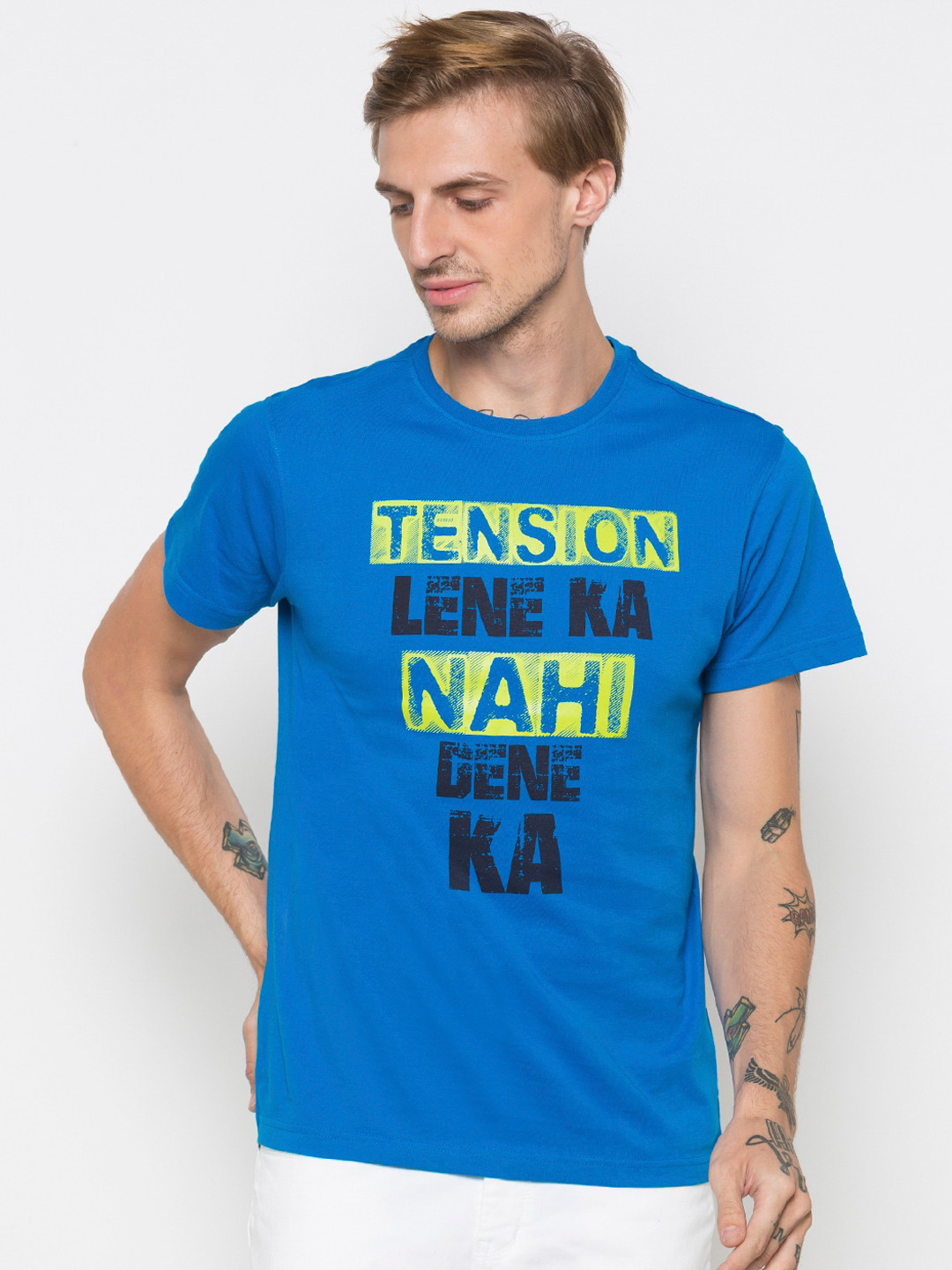 

Globus Men Blue Printed Round Neck T-shirt