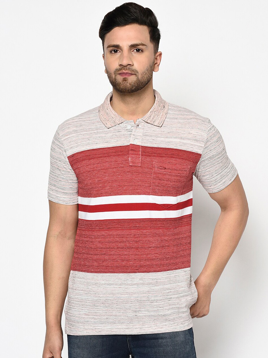 

Duke Men Red Colourblocked Polo Collar T-shirt