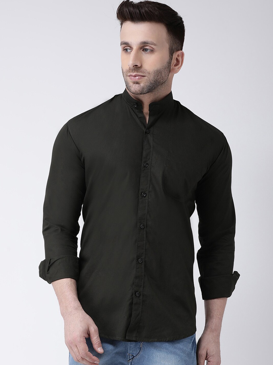 

hangup trend Men Olive Green Slim Fit Solid Casual Shirt