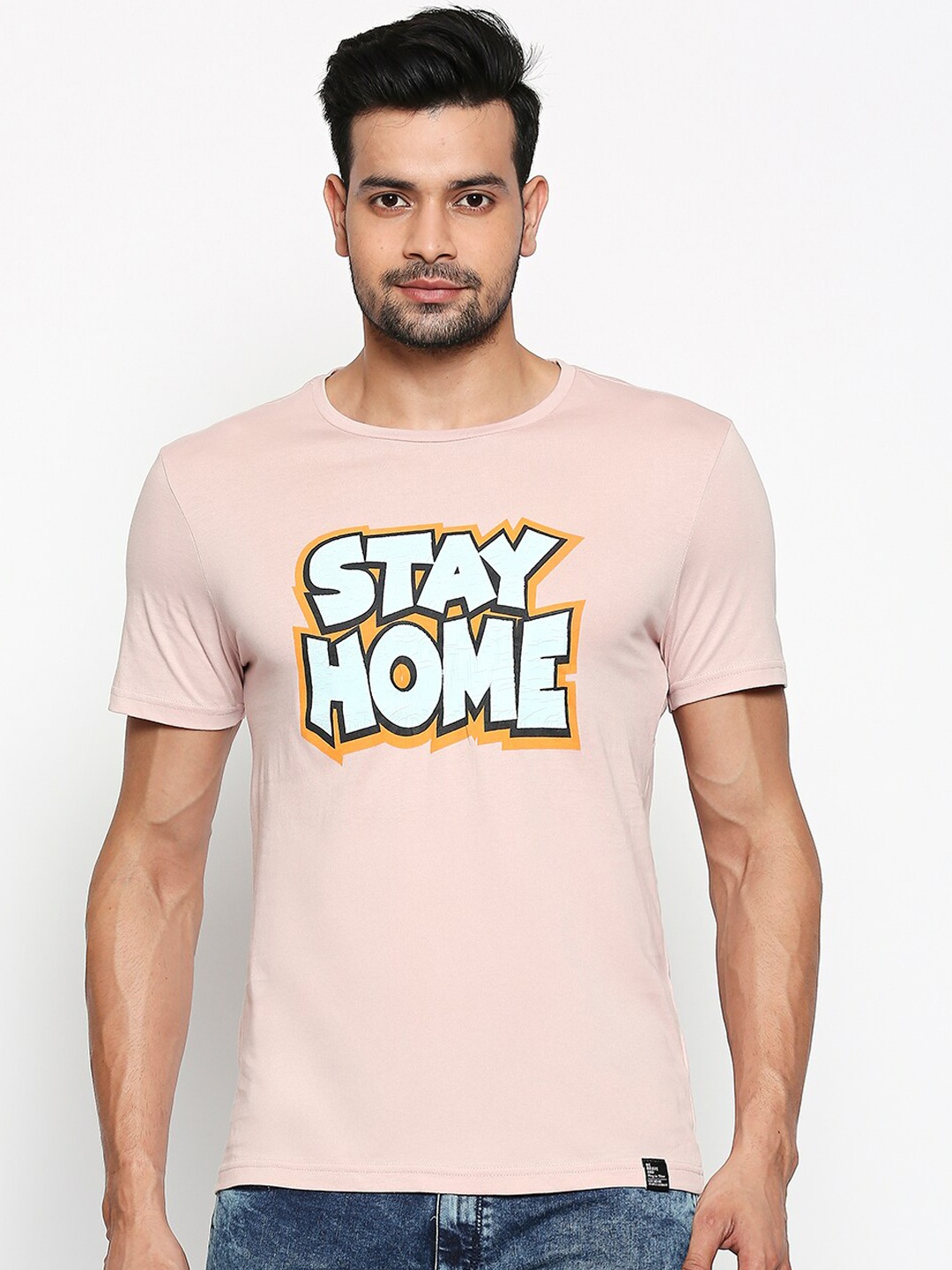 

People Men Pink Printed Round Neck Pure Cotton T-shirt
