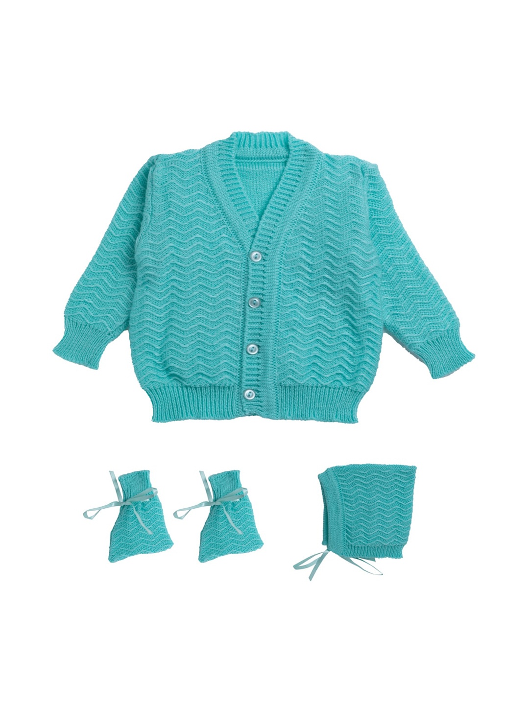 

Little Angels Infant Kids Teal Blue Self-Design Acrlic Cardigan Sweater Set