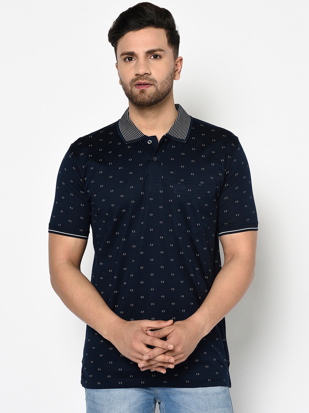 

Duke Men Navy Blue Printed Polo Collar T-shirt