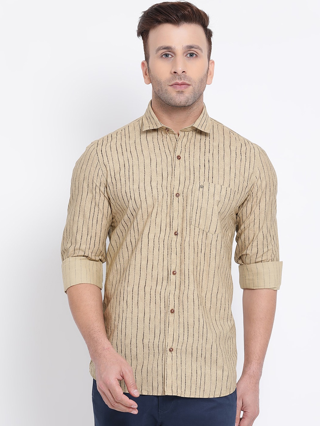 

Turtle Men Beige Slim Fit Striped Casual Shirt