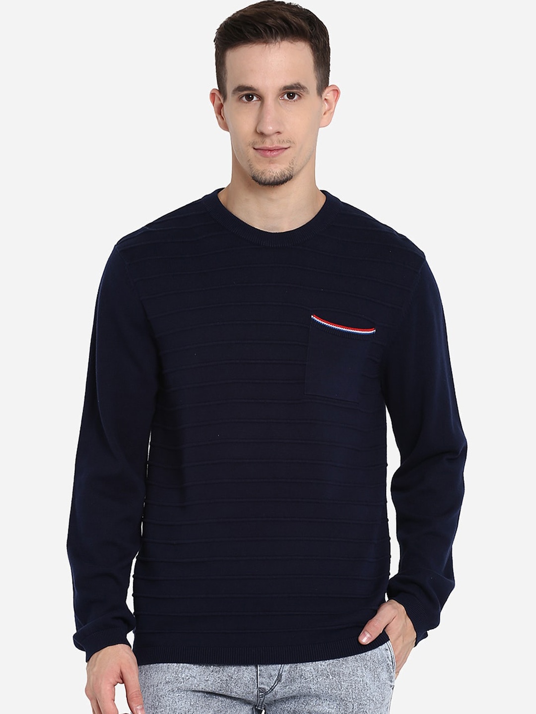 

Red Chief Men Navy Blue Solid Pullover Sweater