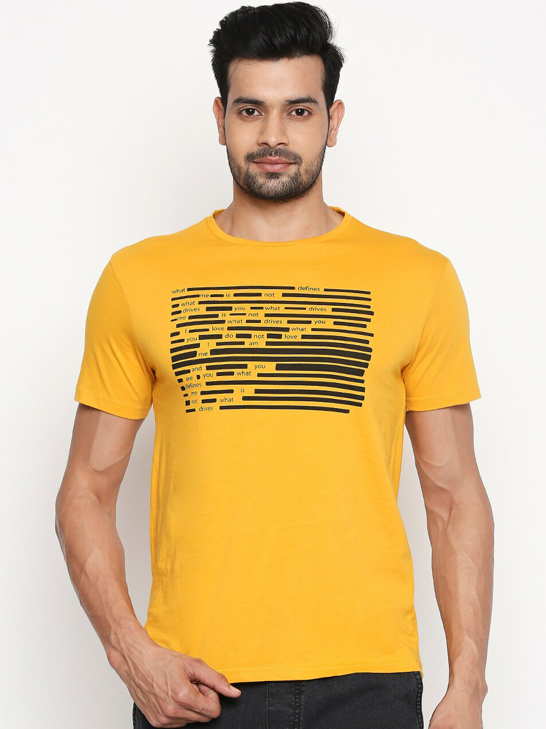 

People Men Mustard Printed Round Neck Pure Cotton T-shirt